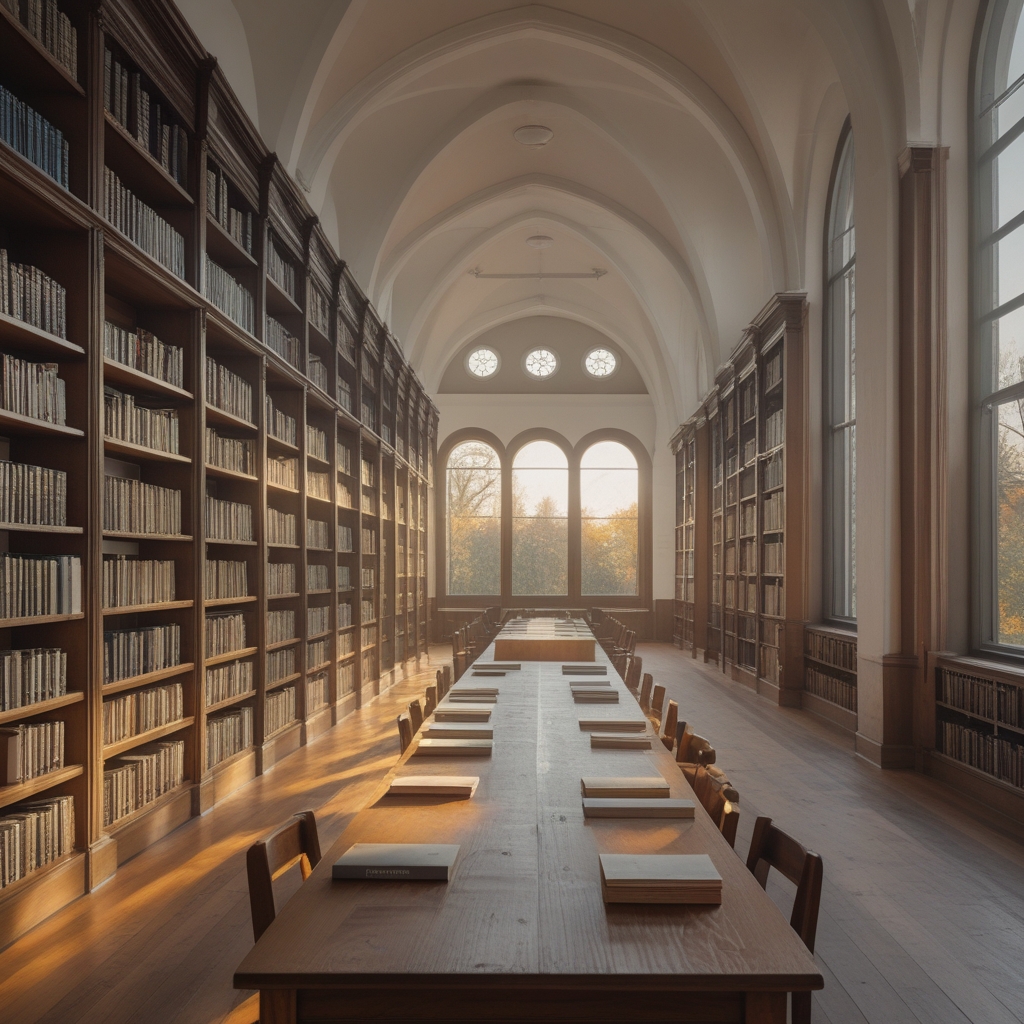 Well-organised library reading room with tall wooden bookshelves, a long reading table with natural light from arched windows, warm afternoon sunlight, no people, academic atmosphere