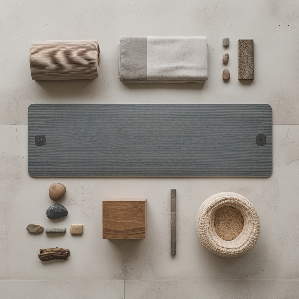 Aerial top-down view of a yoga mat with a small natural stone, a wooden block and a folded towel arranged neatly on a clean floor, soft neutral tones, calm organised composition