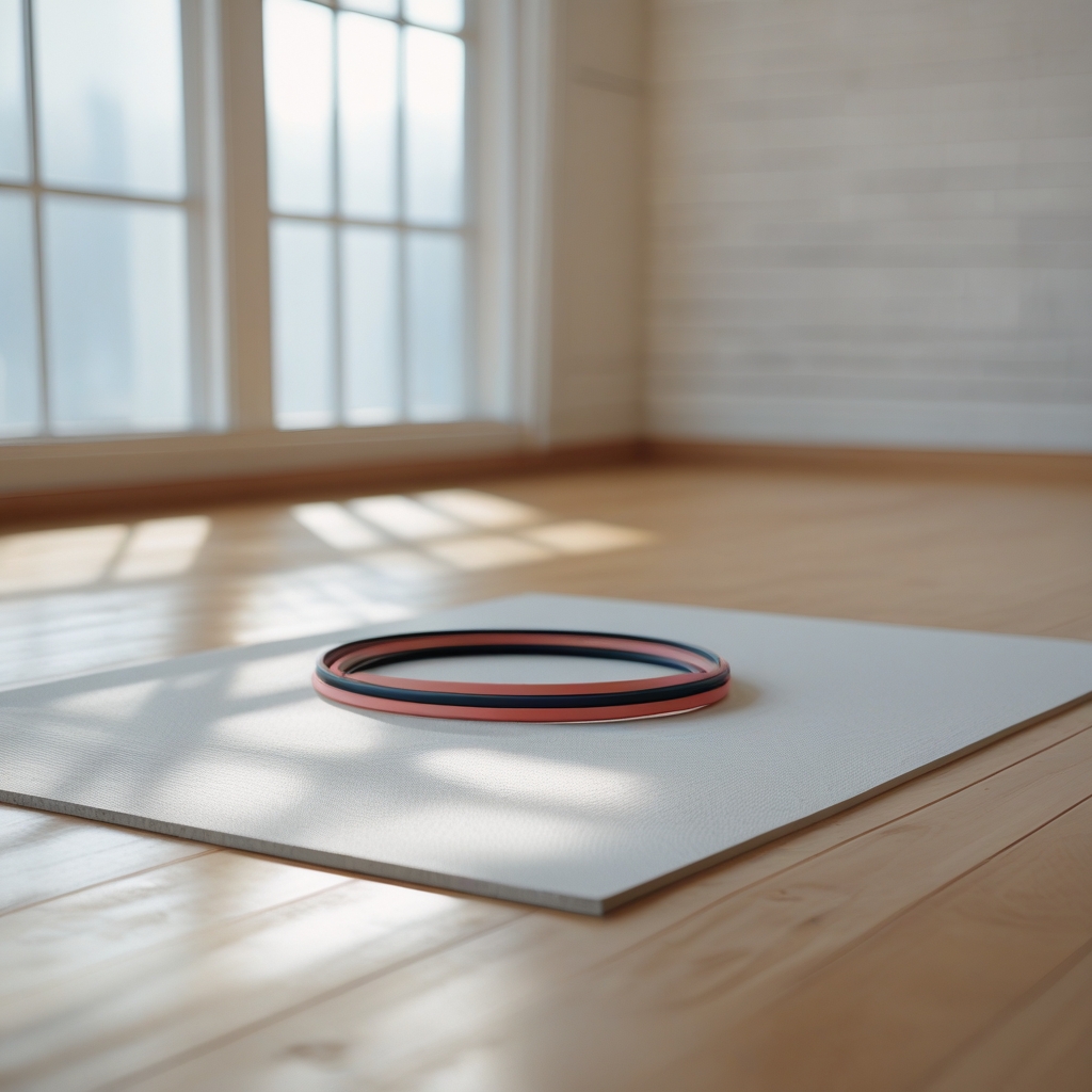 Resistance band lying on a clean white mat in a bright yoga studio, natural light streaming through large windows, wooden floor visible, no person present