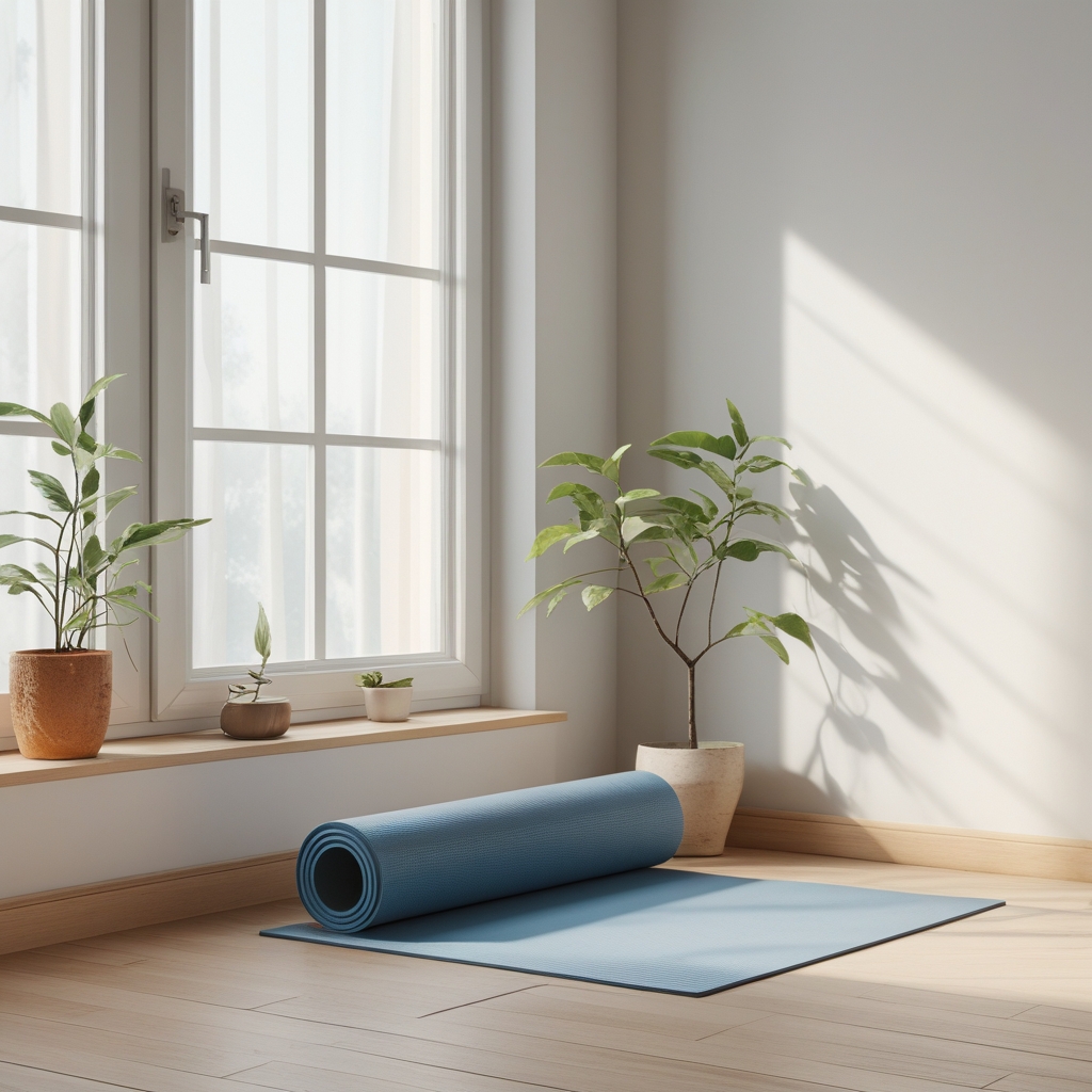 Minimalist home interior corner with a yoga mat rolled on a light wooden floor, a small plant next to it, soft morning light from a window, serene atmosphere