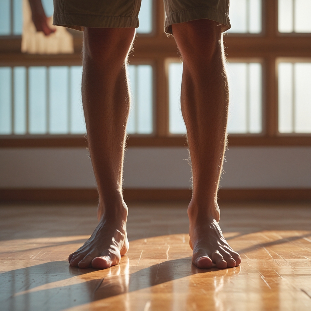 Close-up view of human feet and lower legs in a neutral standing position on a polished wooden floor, warm natural light from a side window, clean background